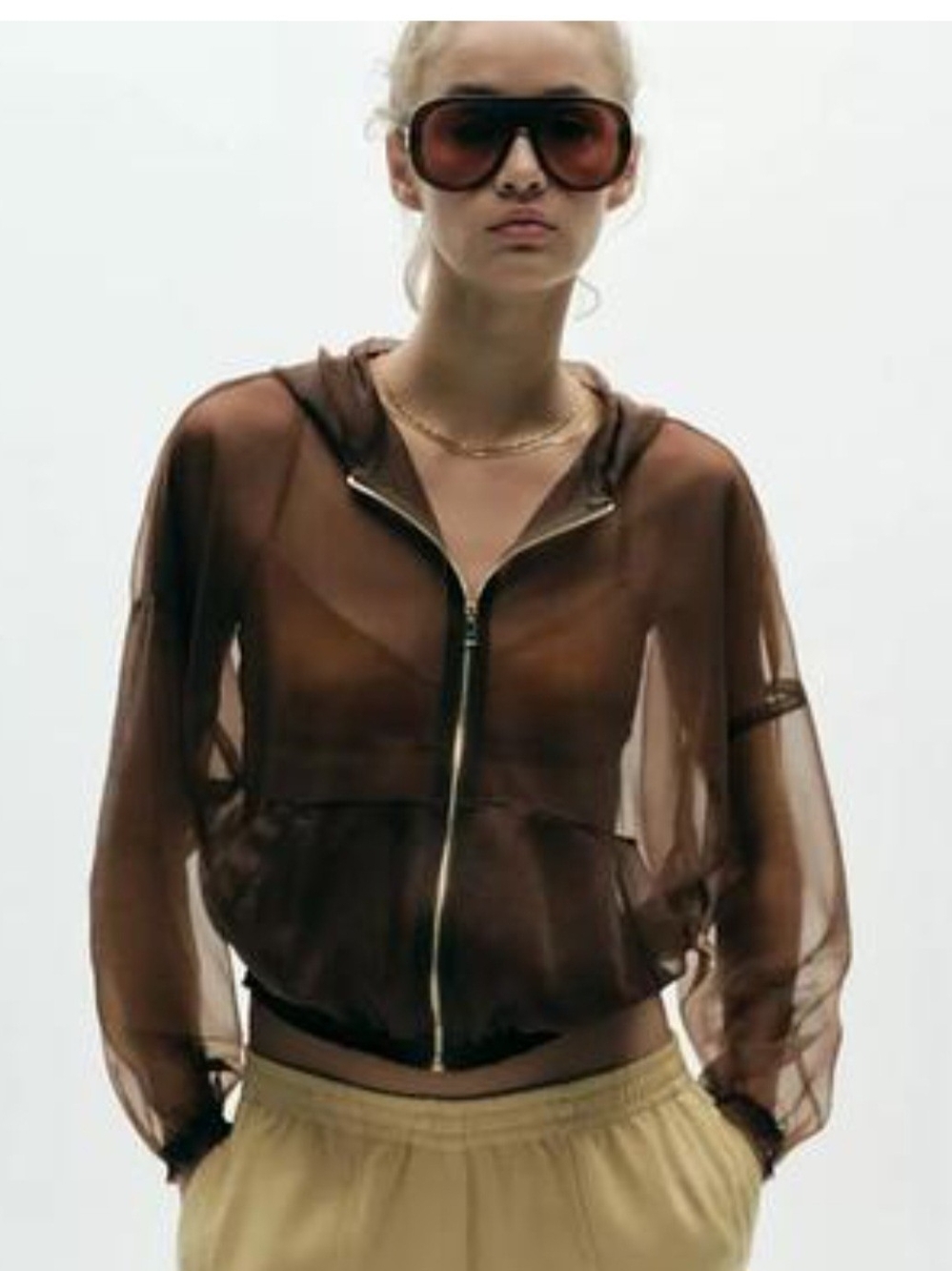 Zara Sheer Chocolate Brown Zip-Front Hooded Bomber Sz L